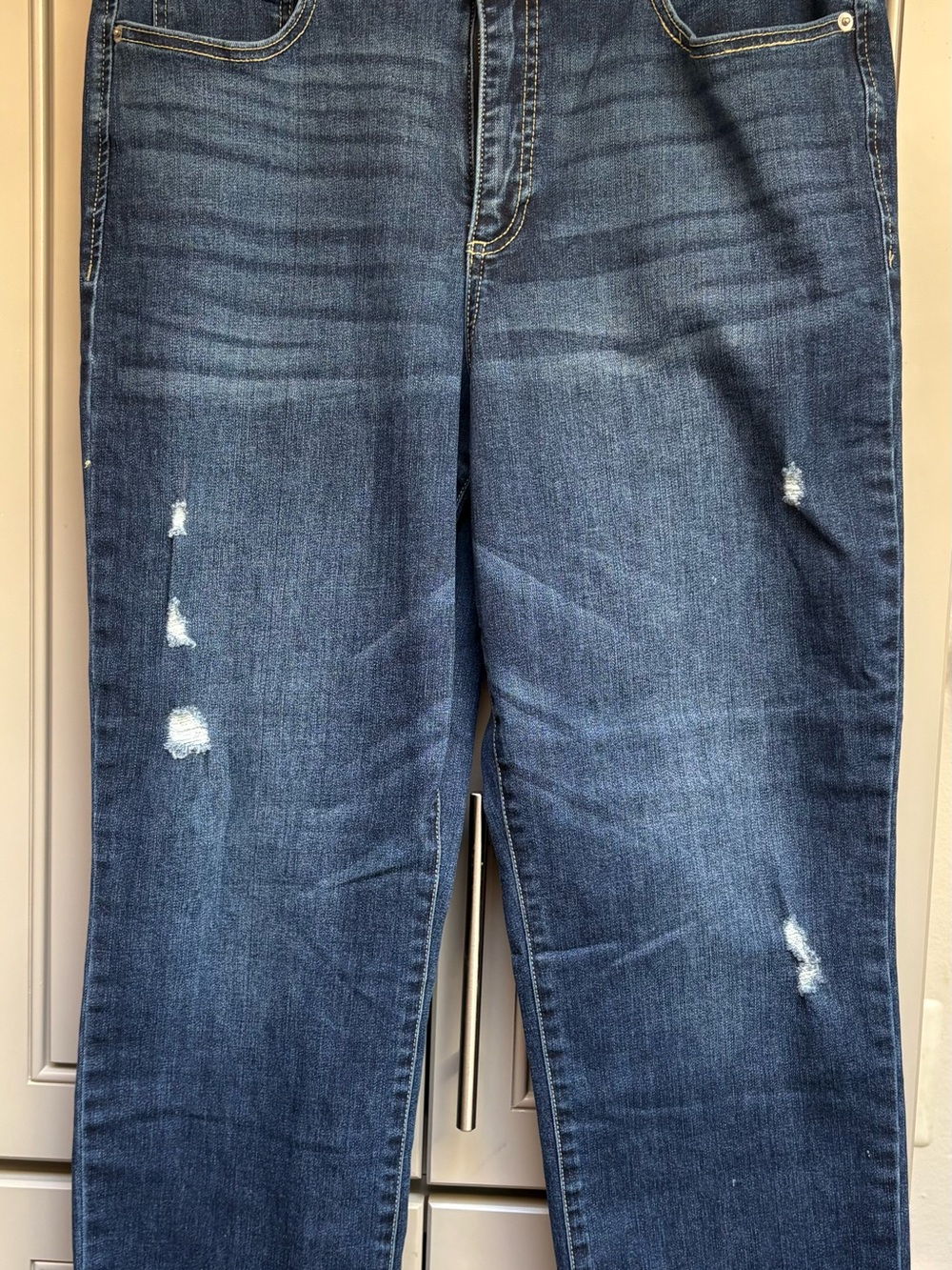 Women's Straight Leg Distressed Dark Blue Jeans